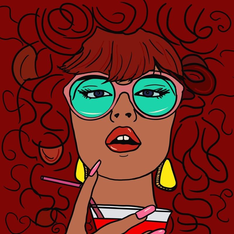 Ilustración: mujer con gafas verdes y rizos rojos